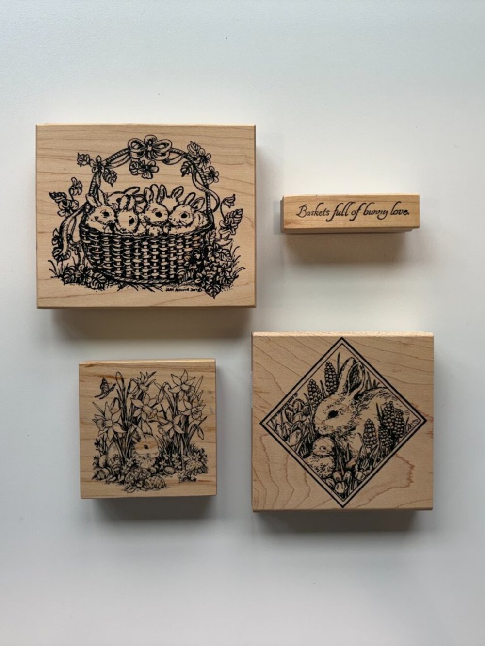 Four Bunny Rabbit Easter Spring Wooden Rubber Stamps